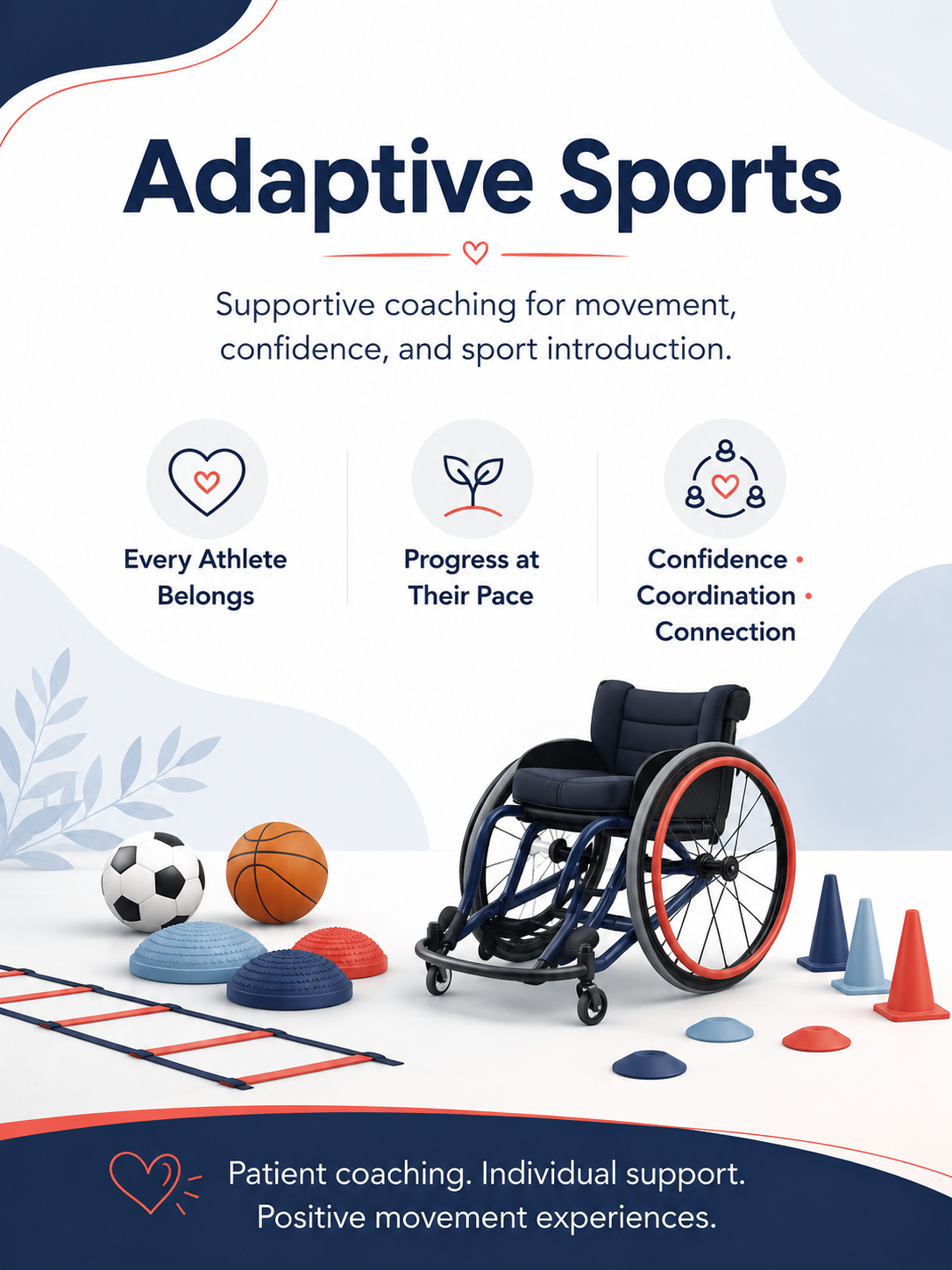 Adaptive Sports graphic with supportive coaching for movement, confidence, and sport introduction