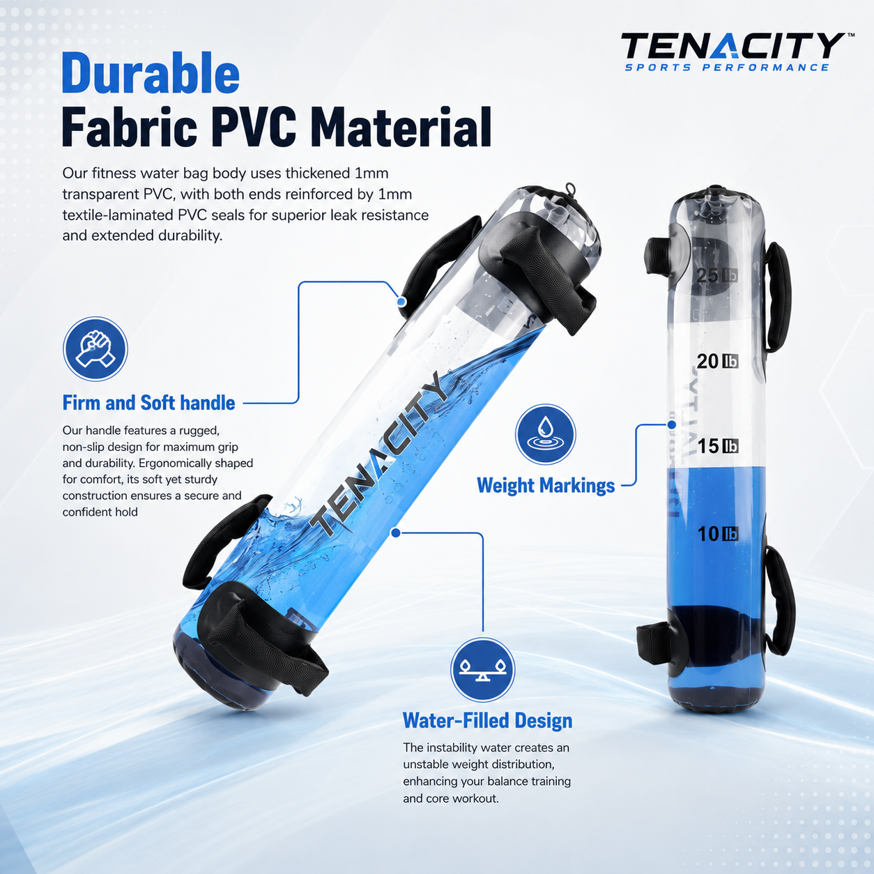 Tenacity Aqua Bag durable fabric PVC material and weight markings