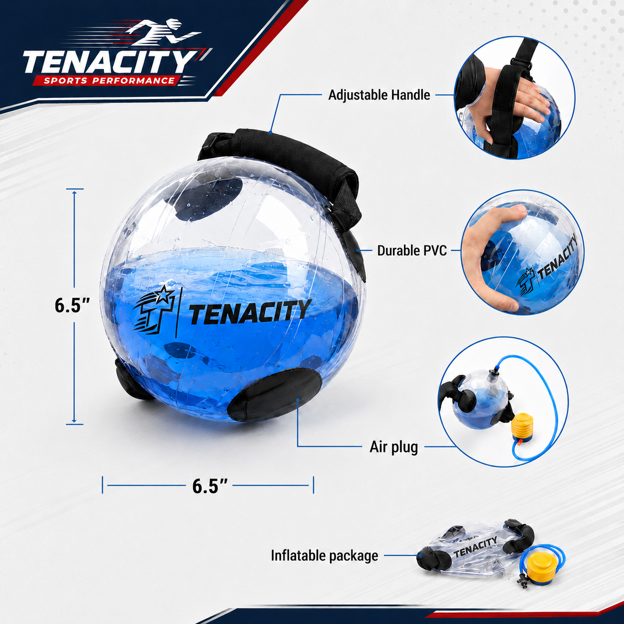 Tenacity Mini 6.5 inch Aqua Ball feature callouts