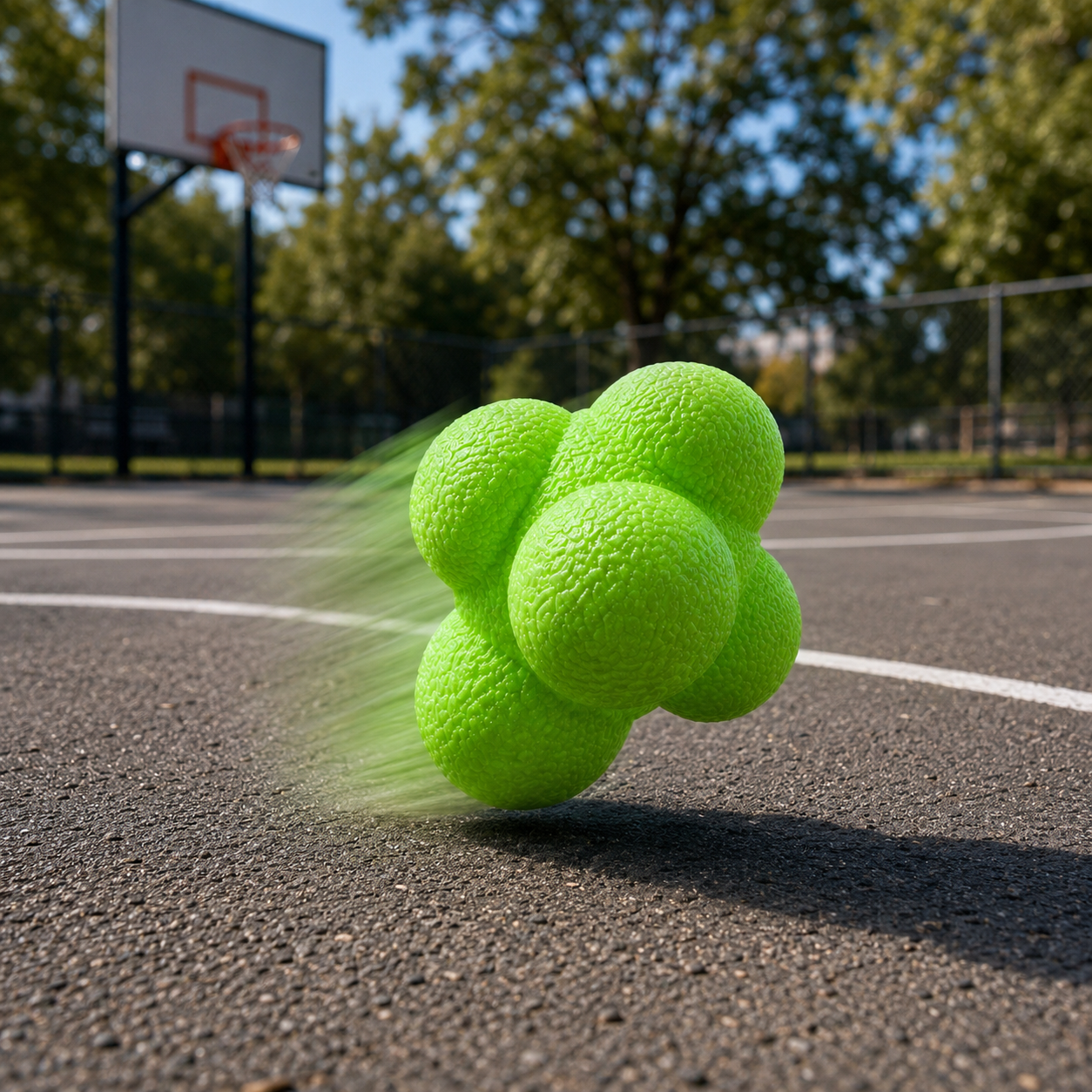 Green reaction ball bouncing outdoors