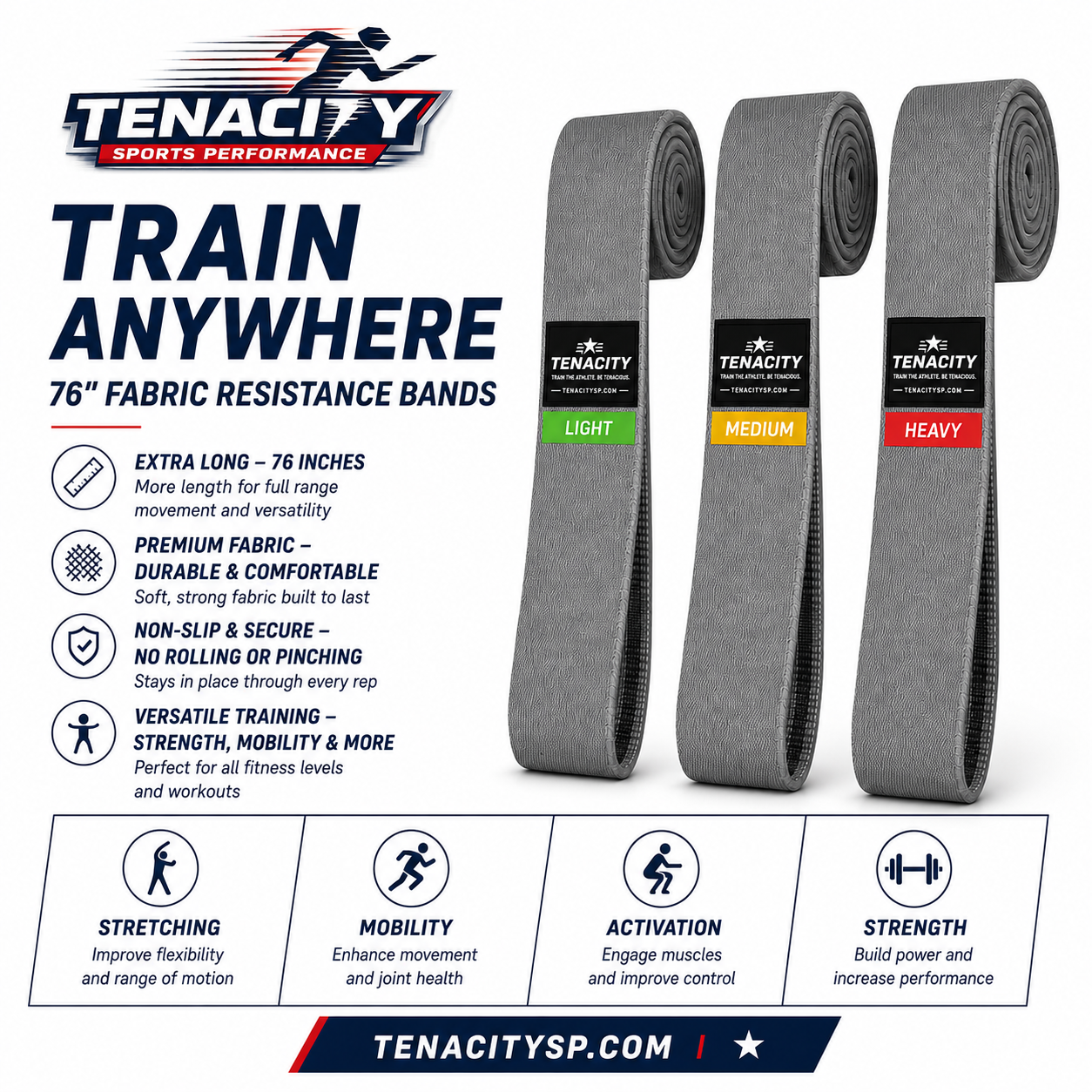 Tenacity light, medium, and heavy fabric resistance bands
